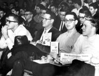 Student protesters listen to Communist editor, Hyman Luber
