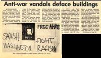 Newspaper article covering anti-war vandalism painted on campus buildings