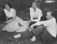 Students listen to a lecture outdoors