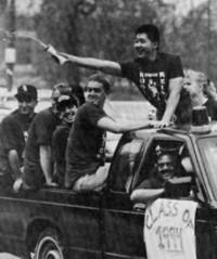 Students ride in a truck during the Hudson Relay