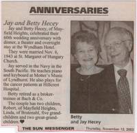 Clipping from The Sun Messenger of Betty and Jay Hecey's 60th Wedding Anniversary Announcement, 13 November 2003