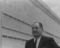 T. Keith Glennan in front of Sam W. Emerson Physical Education Center