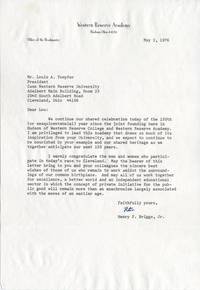 Hudson Relay baton letter, Henry P. Briggs, Jr. to Louis A. Toepfer
