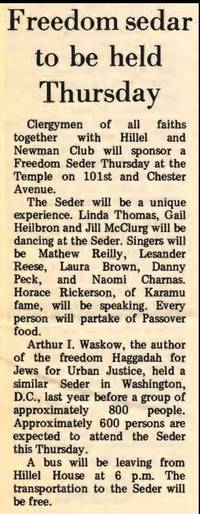 Newspaper article announcing Freedom Seder sponsored by Hillel and Newman Club