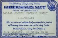 Certificate of Satisfactory Service, United States Navy