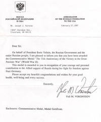 Letter from Ambassador Yuli M. Vorontsov Awarding the 