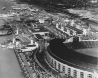 Aerial photograph of fairgrounds with blimp