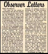 Letter to the editor of The Observer from Robert Cherry criticizing the mobilization to end the war
