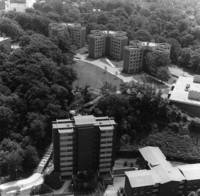 Carlton Road dormitories, Howe House, and Alumni House, exterior, aerial view
