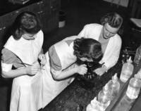 Nurses using microscope