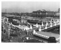 Oblique view of bridge over railroad tracks leading to main exposition fairgrounds