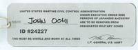 John Ochi's Unites States Wartime Civil Control Administration Identification Tag