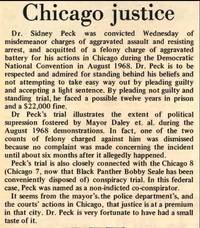 Newspaper article covering the conviction of Sidney Peck on misdemeanor charges related to Chicago protests