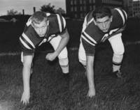Case Institute of Technology football players in 3-point stance
